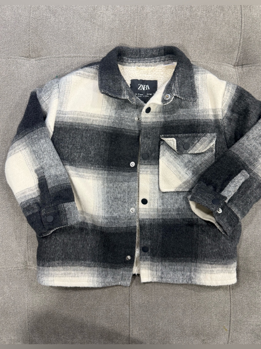 ZARA Cream Sherpa-Lined Plaid Shacket with Gray Trim